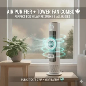 Illustration showing 2-in-1 tower fan and HEPA filter, perfect for Canadian wildfire smoke season and allergies.