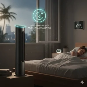 Illustration of a quiet tower fan with sleep mode icon, ideal for humid Ontario or BC summer nights.
