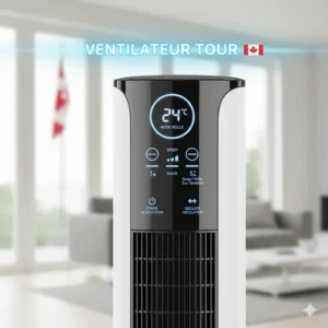 Close-up graphic of tower fan interface with English and French (ventilateur tour) settings for the Canadian market.