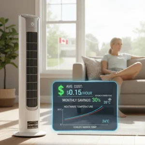 Digital illustration showing energy-efficient cooling costs for a Canadian household during a summer heatwave.