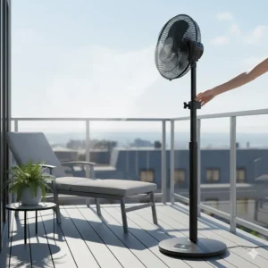 Adjustable height outdoor stand fan showing telescopic pole for customized airflow on a balcony.