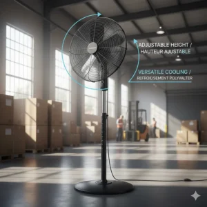 Diagram of a heavy-duty adjustable height pedestal fan designed for versatile cooling in Canadian warehouses.