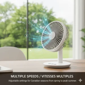 A diagram showing the three-speed settings of a rechargeable desk fan, suitable for varying Canadian seasons from spring to peak summer.