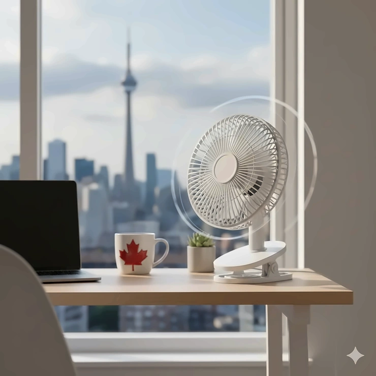 A portable clip on fan attached to a desk in a bright Toronto home office with a view of the CN Tower. clip on fan Canada
