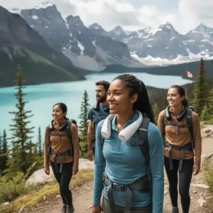 A person wearing a portable neck fan while walking through a sunny park in Toronto, Canada.