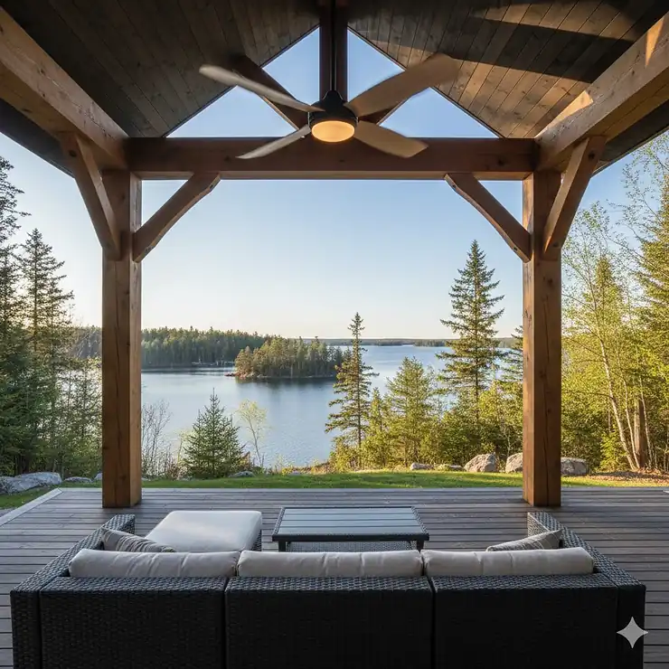 A high-quality outdoor ceiling fan with weather-resistant wood blades installed on a modern Canadian timber-frame patio overlooking a lakeside landscape.