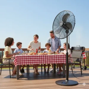 Best outdoor pedestal fan Canada setup for a summer backyard BBQ, keeping guests cool and bug-free.