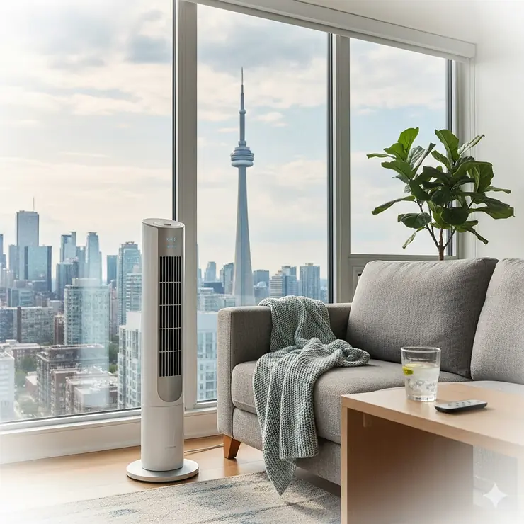 A sleek, quiet tower fan for apartment living in a modern Canadian condo with a view of the CN Tower.