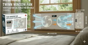 Product packaging illustration with bilingual English and French "Ventilateur de fenêtre double" text for the Canadian market.