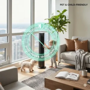 Safety-focused illustration showing a bladeless oscillating tower fan that is safe for households with curious pets or children.