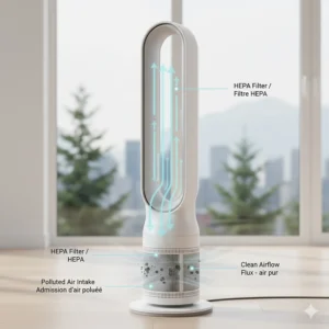 A technical diagram showing a bladeless tower fan with a HEPA filter capturing Canadian wildfire smoke and allergens.