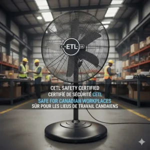 Illustration of the cETL safety certification logo on a high velocity pedestal fan sold in Canada.