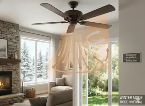 Diagram showing a ceiling fan in reverse clockwise rotation to push warm air down during a Canadian winter.