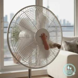 Technical illustration of a pedestal fan's reinforced safety grill, designed to be safe for curious pets and children.
