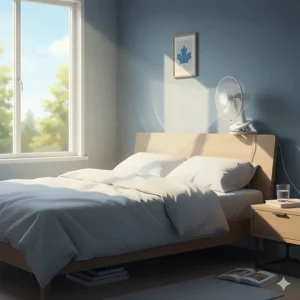 Quiet clip on fan for bedside use in a Canadian bedroom during a summer heatwave.