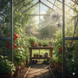 Small oscillating clip on fan used for air circulation in a backyard greenhouse in Ontario.