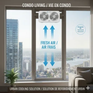 A compact window fan solution for high-rise apartments and condos in urban Canadian centers.
