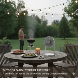 A cordless rechargeable desk fan placed on an outdoor patio table during a Canadian backyard BBQ to keep bugs away and air moving.