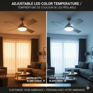 Illustration of adjustable LED color temperatures on a DC motor fan, ranging from warm to cool light settings.