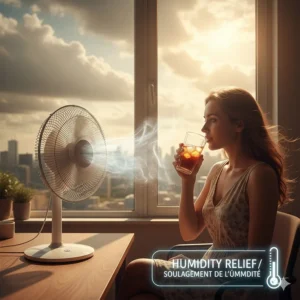 Illustration of a desk fan providing relief during a humid Ontario or Quebec summer heatwave.