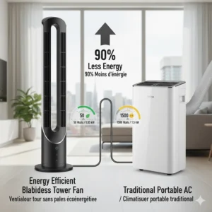 An infographic showing the low energy consumption of a bladeless tower fan compared to traditional AC units in Canada.