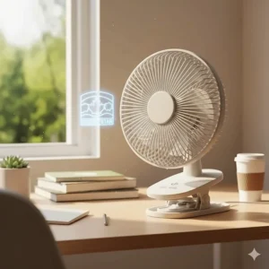 Illustration of an energy-efficient clip on fan with the Energy Star symbol relevant to Canadian consumers.
