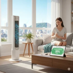 Illustration of an eco-friendly tower fan helping save on Canadian hydro bills during summer.