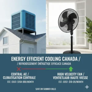 Graphic showing the energy savings of using a high velocity fan versus AC during Canadian peak summer months.