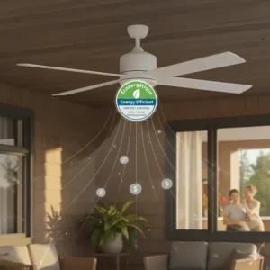 Graphic showing an energy-efficient outdoor ceiling fan with an "Éconergétique" label, highlighting cost savings for Canadian homeowners.