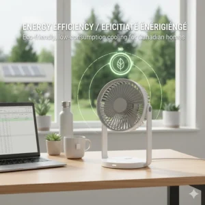 Illustration highlighting the eco-friendly, low-energy consumption of a rechargeable desk fan for environmentally conscious Canadian homes.