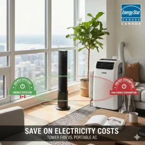 A graphic highlighting the low energy consumption of an oscillating tower fan compared to portable AC units.