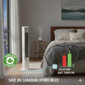An icon-based illustration showing the low energy consumption of a tower fan to save on Canadian hydro bills.