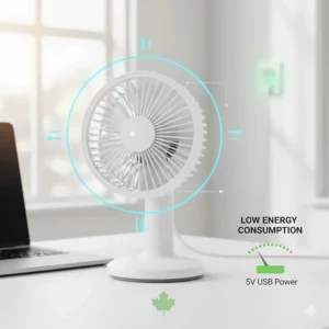 Illustration highlighting the low energy consumption of a USB desk fan, featuring a small Canadian maple leaf icon.