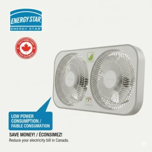 Illustration of an eco-friendly window fan with a focus on low electricity consumption in Canada.