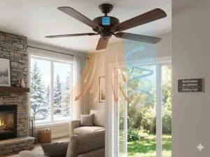 An Energy Star certified ceiling fan showing heat circulation for Canadian winters and cooling for summers.