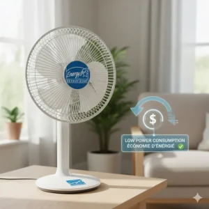 Energy Star certified desk fan illustrating low power consumption for eco-conscious Canadian households.