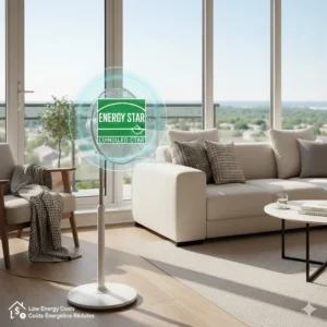 Illustration of a pedestal fan with an Energy Star symbol, highlighting low electricity costs for Canadian homeowners.