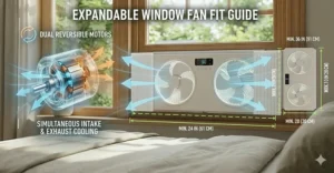Fit guide illustration for an expandable twin window fan showing minimum and maximum width measurements for Canadian windows.