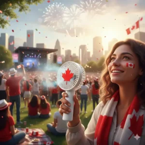 A stylized graphic of a handheld fan decorated with a maple leaf, perfect for staying cool during Canada Day outdoor events.