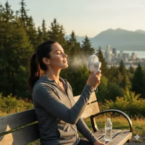 An athlete using a powerful handheld fan to cool down after a jog through a scenic Vancouver park.