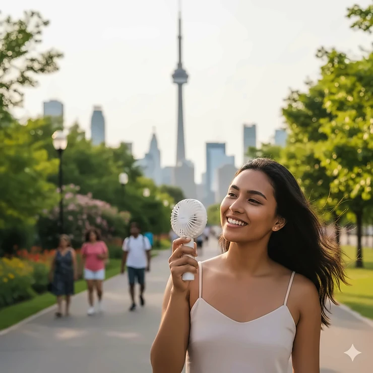 A person using a portable handheld fan while walking near the CN Tower in Toronto, providing relief from the Canadian summer humidity.