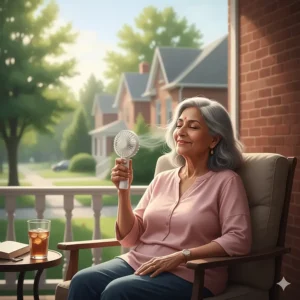 A friendly illustration of an older adult using a handheld fan to stay comfortable during a humid Ottawa summer afternoon.