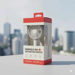 Product illustration showcasing the handheld fan with bilingual English and French packaging for the Canadian market.