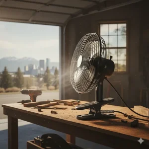 Industrial-style clip on fan for a garage workshop in Calgary, Alberta, showing sturdy grip.