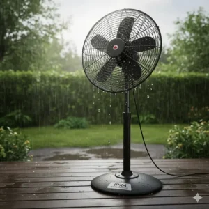 Heavy-duty outdoor pedestal fan with IPX4 waterproof rating for Canadian rain and humidity.