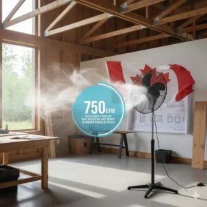 Illustration showing the high CFM airflow of a pedestal fan suitable for large Canadian workshops and garages.