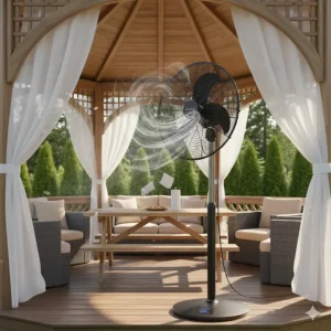High-velocity airflow demonstration of a powerful outdoor pedestal fan suitable for large Canadian gazebos.