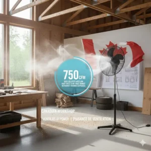 High velocity pedestal fan providing ventilation in a typical Canadian residential garage or hobby shop.