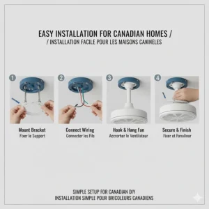 Step-by-step illustration of mounting a DC motor ceiling fan to a standard Canadian residential ceiling electrical box.