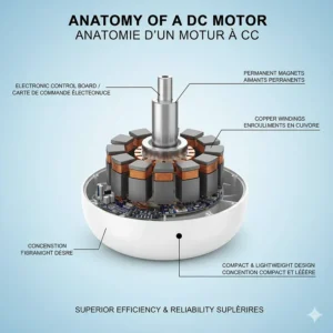 Technical diagram showing the internal magnets and brushless design of a high-efficiency DC motor ceiling fan.